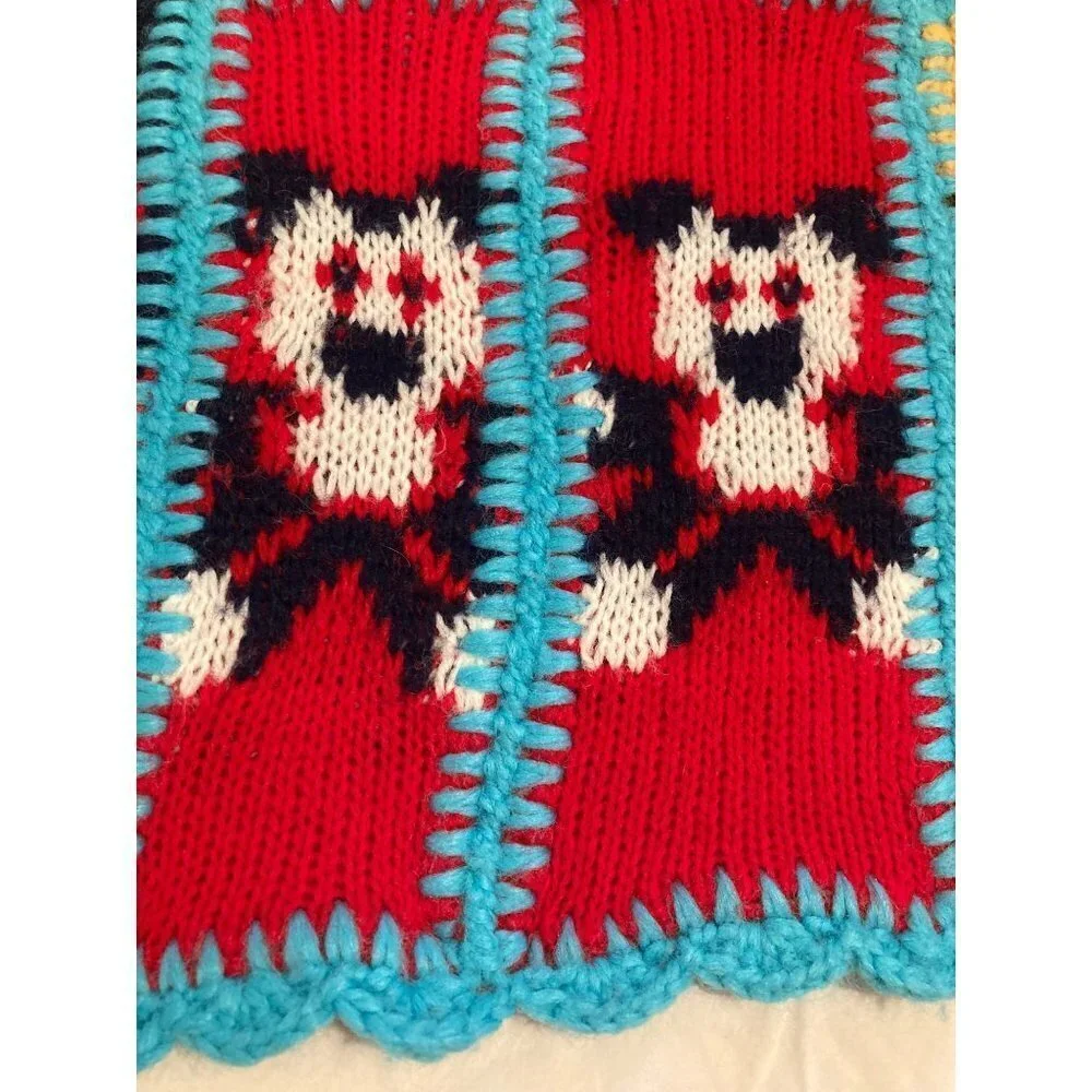Rare Style Vintage Kids Knit Sweater Crocheted Bears Blanket Multicolored 42 x 6